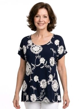 Roz & Ali Navy Blue Floral Patterned Drop Sleeve Stretchy  Blouse Size L